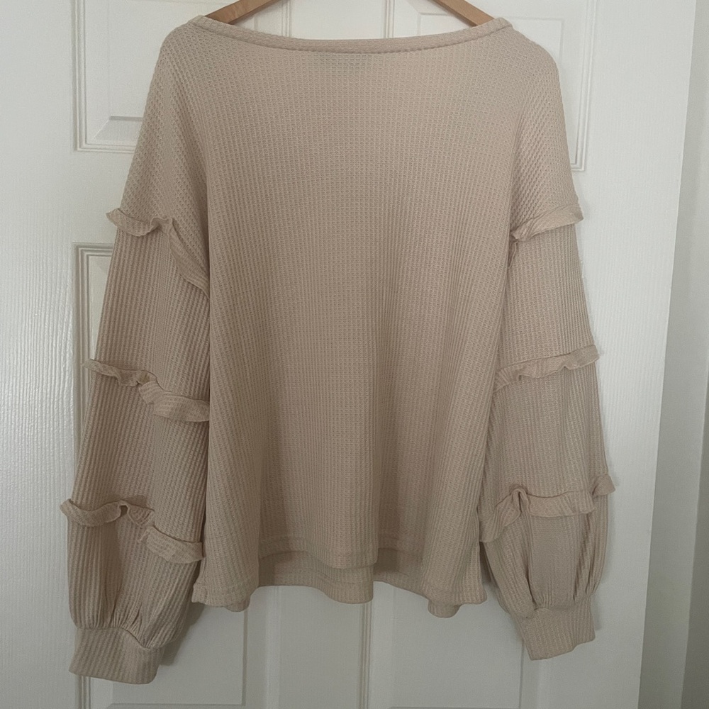 🤎 Ruffled Waffle Knit Loose V-Neck Sweater 🤎 - Picture 7 of 8